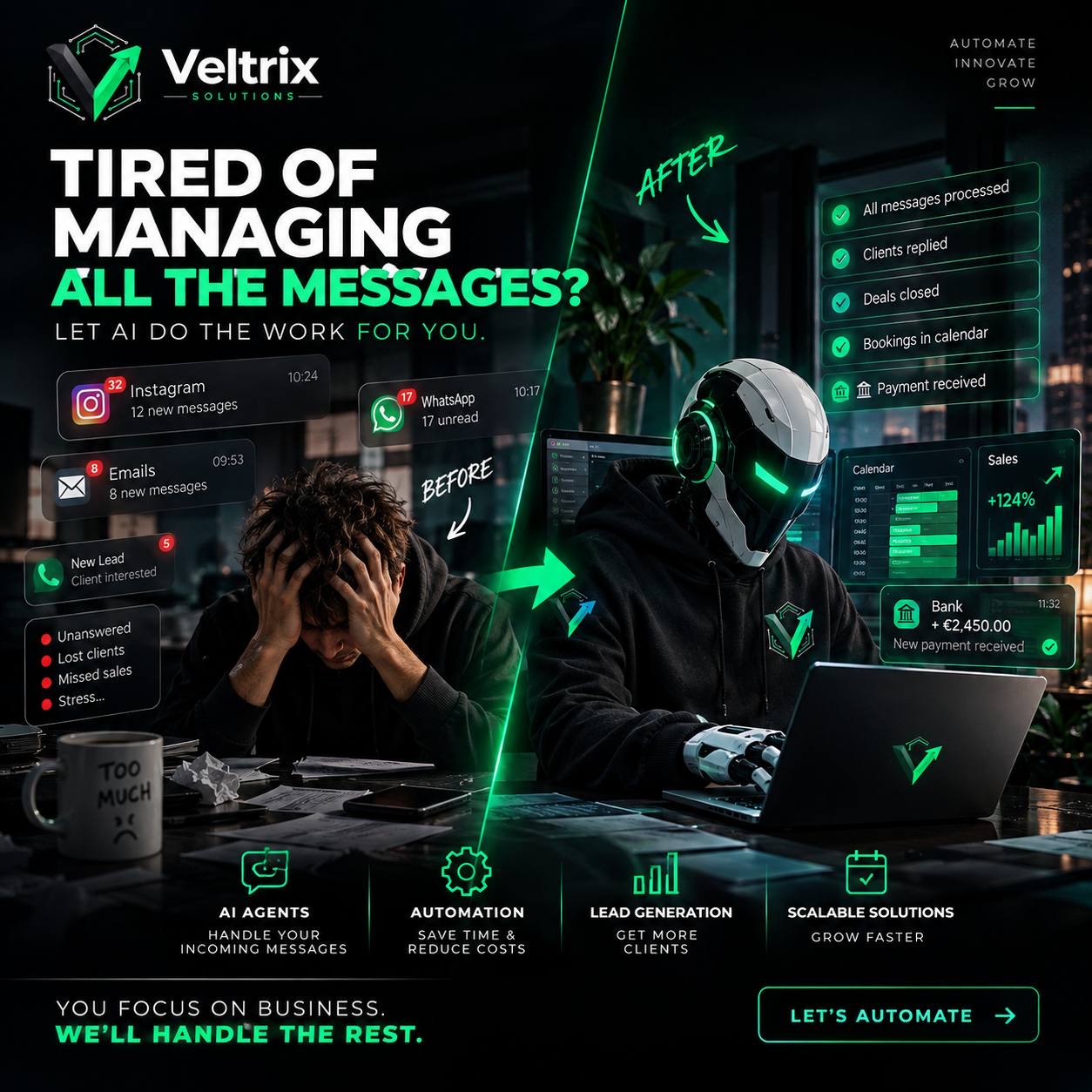 Before: a stressed founder buried in messages. After: a Veltrix AI agent handles leads, bookings and payments.
